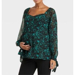 Isabel Maternity Long Sleeve Corsetry Woven Maternity Shirt- Aqua Green Floral